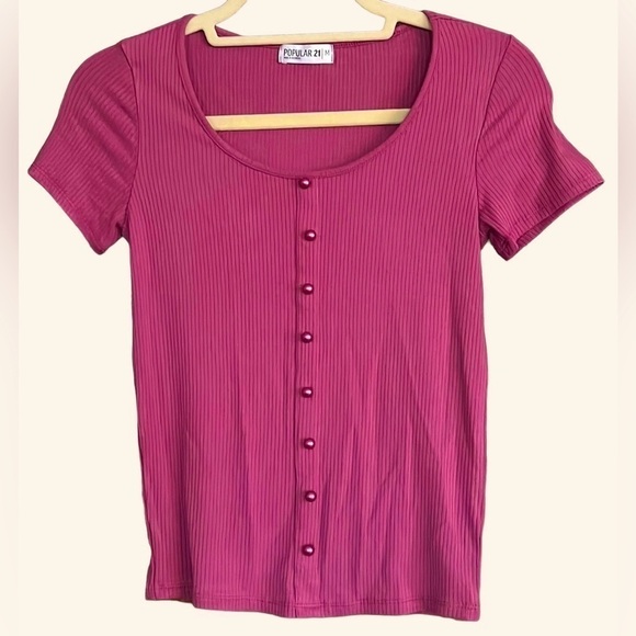 POPULAR 21 Mauve Pink Cropped Ribbed Knit Top w/Buttons, Size Medium, GUC. - Picture 1 of 7